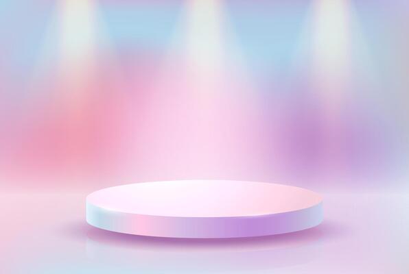 Round pastel podium under soft multicolored light gradient creating the effect of a glowing spotlight. Minimalistic design suitable for product demonstration or presentation. 3D illustration.