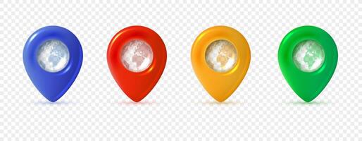 Colorful world map pins with globe inside, set of four in blue, red, yellow and green. 3d illustration for location and navigation themes. vector