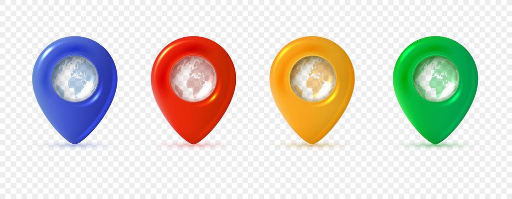 Colorful world map pins with globe inside, set of four in blue, red, yellow and green. 3d illustration for location and navigation themes.