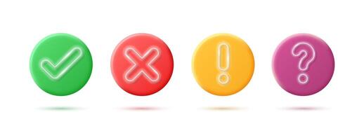 Set of realistic 3d signs check mark, caution, hint and cross isolated on white background. vector