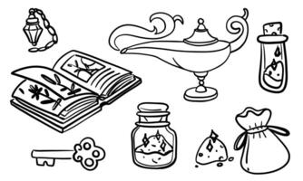 set book, lamp, magic dust, pendant, key of doodle-style magic tools. Monochrome. Suitable for fantasy projects, books, games, and artwork related to magic, alchemy, and mystical rituals. vector