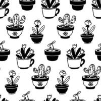 A pattern with indoor plants in flower pots. A variety of flowers. Illustration of a flat monochrome drawing. The theme of home botany. Ideal for use in projects related to ecology, gardening vector