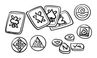 set stones, runes, elemental signs, cards of doodle-style magic tools. Monochrome. Suitable for fantasy projects, books, games, and artwork related to magic, alchemy, and mystical rituals. vector