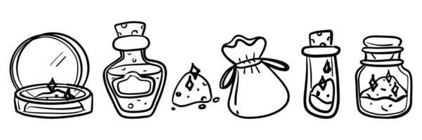 set bag, dust, jar, magic sand, poisons of doodle-style magic tools. Monochrome. Suitable for fantasy projects, books, games, and artwork related to magic, alchemy, and mystical rituals. vector