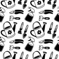 pattern of garden maintenance tools. Spring, garden. Texture on a white background. Monochrome illustration in the form of flat drawings. Tools for the garden. Planting, watering and caring for plants vector