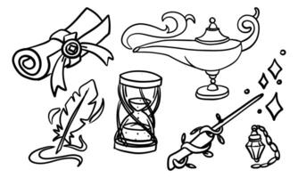 set pen, magic wand, gin lamp, hourglass, scroll of doodle-style magic tools. Monochrome. Suitable for fantasy projects, books, games, and artwork related to magic, alchemy, and mystical rituals. vector