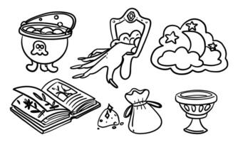 set book, magic sand, cup, moon, mirror, boiler of doodle-style magic tools. Monochrome. Suitable for fantasy projects, books, games, and artwork related to magic, alchemy, and mystical rituals. vector
