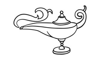 Gin's magic lamp in doodle style. It is suitable for fantasy projects, books or games. A monochrome object with smoke. An atmosphere of magic, mystery and adventure related magical desires. Halloween. vector
