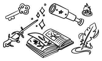 set spyglass, ring, pen, magic wand, book, key of doodle-style magic tools. Monochrome. Suitable for fantasy projects, books, games, and artwork related to magic, alchemy, and mystical rituals. vector