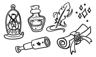 set, revolution, spyglass, shine, magic feather, potion, kerosene lamp of doodle style magic tools. Monochrome. Suitable for fantasy projects, books, games, artwork related to magic, alchemy, rituals vector