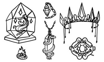 set snake, haze, ring, crown, brooch of doodle-style magic tools. Monochrome. Suitable for fantasy projects, books, games, and artwork related to magic, alchemy, and mystical rituals. vector