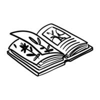 magic book with potion recipes, dried flowers in doodle style. Suitable for use in projects related to fantasy, magic, witches and alchemy. Suitable for books, games and design. Monochrome. Halloween vector