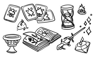 set cup, book, ring, clock, dust, cards of doodle-style magic tools. Monochrome. Suitable for fantasy projects, books, games, and artwork related to magic, alchemy, and mystical rituals. vector