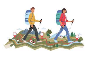 Man and woman went on hike together, walking along huge map with river and mountains vector