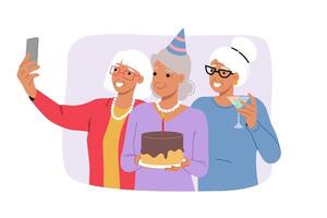 Birthday celebration of elderly woman holding cake and posing for selfie with friends vector