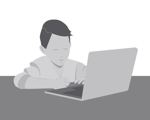 Schoolboy study online in grayscale. Online education minimalist design idea. Back to school concept. Isolated illustration Thematic cards or web promo banner, leaflets, print materials or tags