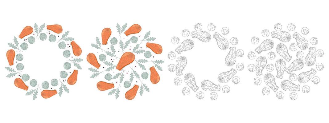 Colorful and Outline Salmon steaks Brussels sprout Arugula leaves Circular Frames Backgrounds Set 4. Isolated illustration Healthy Eating Thematic cards or web promo banner, leaflet, label, tag