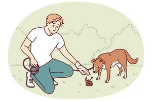 Man walking dog puts excrement own puppy in plastic bag so as not to pollute park. vector