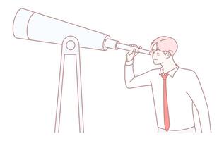 A Focused Individual Utilizing a Telescope for Exploration and Discovery of New Worlds vector