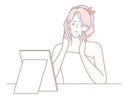 A woman is expressing her concerns and feelings while gazing thoughtfully into a mirror vector