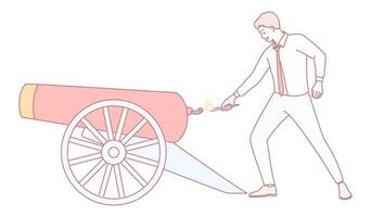 A man is enthusiastically igniting a cannon using a firecracker in celebration of an event vector
