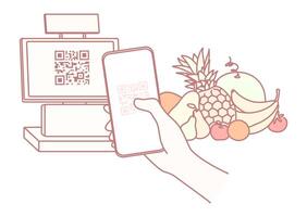 A modern checkout with a QR code and groceries illustration, emphasizing cashless convenience vector