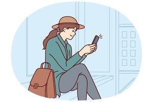 Woman is sitting at bus stop using phone to track public transport via GPS navigation vector