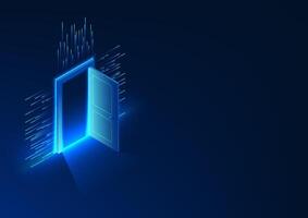 Door to the world of technology The door that opens forward and is surrounded by lines of information Innovation AI, Blockchain, Quantum Computing Doing business Increase efficiency Reduce costs vector