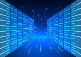 Server technology Servers are located in a room with a beam of light coming out. Servers are the center of data storage, processing and distribution, which connects all business operations. vector