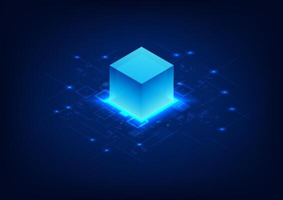 Blockchain technology background. Blockchain technology box in the shape of a piggyback processing data. Decentralized storage. Used in cryptocurrency, smart contracts and data verification systems.
