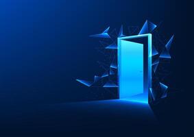 Door to the world of technology. The door opens forward and is surrounded by lines connecting data. Innovation AI, blockchain, quantum computing. Doing business, increasing efficiency, reducing costs vector