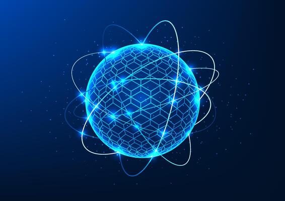 Quantum technology, a circular object surrounded by circuit lines reflecting quantum qubits, processing massive amounts of data quickly, AI potential, data encryption, molecules