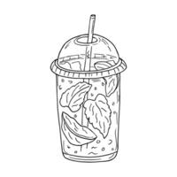 A hand-drawn glass with lemonade, a slice of lemon, mint and ice cubes. A drink with refreshing juice, a cold sports cocktail. illustration in doodle style, for menu design, bars. vector