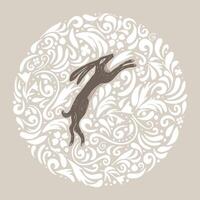 A round frame made of white folklore patterns and a hare, highlighted on white. Print for Christmas cards, prints on clothes, poster, emblem, logo. vector