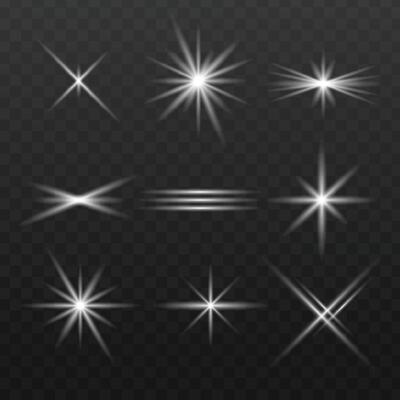 Set of glowing white light effects, glare, explosion, stars, sparkles, sun glare