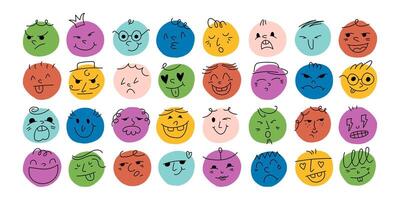 Round abstract comic Faces with various Emotions. Crayon drawing style. Different colorful characters. Cartoon style. Flat design. Hand drawn trendy illustration. vector