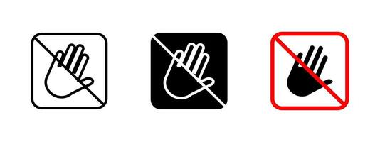 Do not touch icon. Prohibited hand sign with warning symbol. No touching caution label. Safety and restriction pictogram for hazardous areas or sensitive equipment. vector