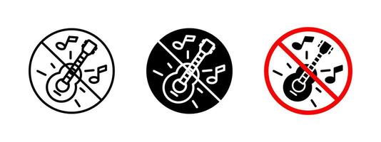 No music icon. Prohibited guitar playing illustration. Restriction sign for noise control in public areas. Warning symbol for maintaining silence, preventing disturbances and urban regulations. vector