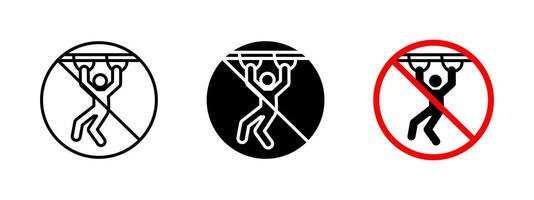 No hanging on bars icon. Prohibited activity illustration. Restriction sign for public safety and prevention of accidents. Warning symbol to discourage unsafe behavior in urban and public. vector