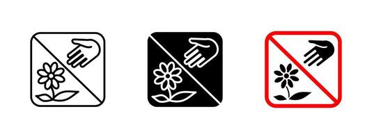 No flower picking icon. Prohibited plant conservation sign with a hand and blossom. Environmental protection and public park regulation symbol. Nature preservation and ecological awareness pictogram. vector