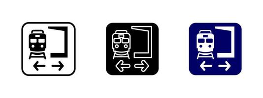 Train station platform icon. Railway transit illustration. Symbol indicating metro or subway access with directional guidance. Public transportation sign for rail travel navigation. vector
