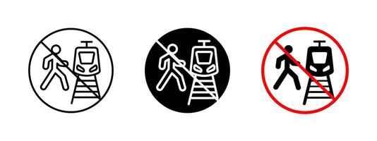 No train crossing icon. Prohibited pedestrian railway illustration. Warning sign for railway safety and track crossing. Caution symbol for avoiding accidents and public transport security. vector