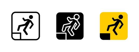 Falling hazard icon. Step caution illustration. Warning sign risk of tripping or falling from an elevated surface. Safety precaution symbol for workplaces, public spaces and construction areas. vector