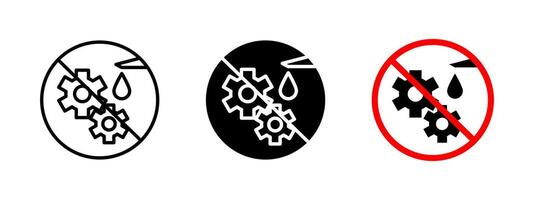 No lubrication gears icon. Prohibited machinery lubrication illustration. Restriction sign for industrial safety. Warning symbol to prevent improper maintenance and ensure mechanical protection vector