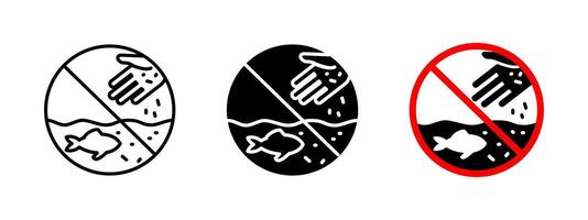 No feeding fish icon. Prohibited fish feeding illustration. Restriction sign for aquatic ecosystem protection. Warning symbol of overfeeding and maintaining water quality in marine environments vector