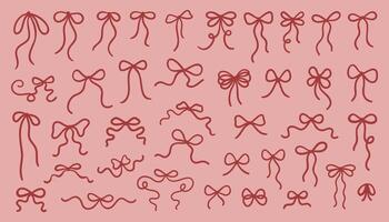 Red whimsy bow set. Collection of various bow designs on a pink background. Outline in red color, different styles and sizes vector