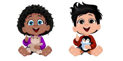 Two animated children sit happily on the ground, one holding a teddy bear and the other with a penguin toy, showcasing a playful and friendly atmosphere. vector