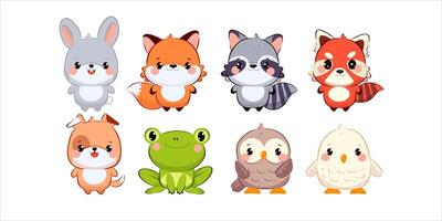 A delightful array of cartoon-style animal characters is displayed in vibrant colors. Each character exhibits unique features, creating an engaging visual ideal for childrens books or merchandise. vector