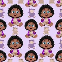 Seamless pattern with afro toddler boy with fluffy hair holding plush hippopotamus on purple background. Kids' design for textile, wallpaper, wrapping paper, and print vector