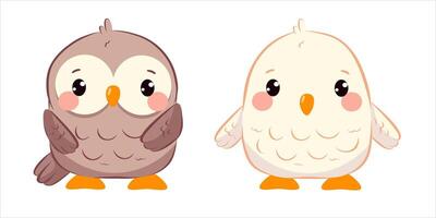 Two adorable cartoon owls with big eyes and cheerful expressions stand next to each other. vector